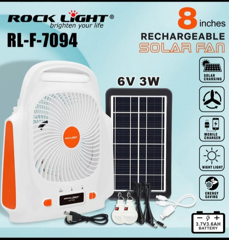 پنکه خورشیدی شارژی راک لایت مدلRock Light Rechargeable SOLAR fan RL-F-7094